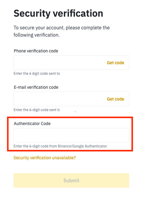 Binance/Google Authenticator verification code