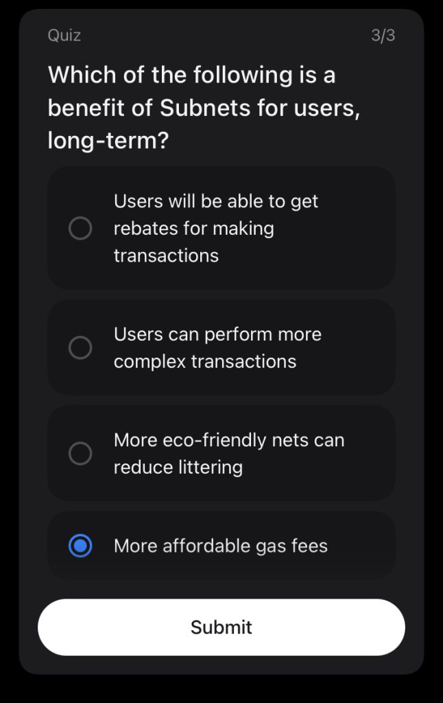 Revolut Avalanche answers: Which of the following is a benefit of Subnets for users, long-term?